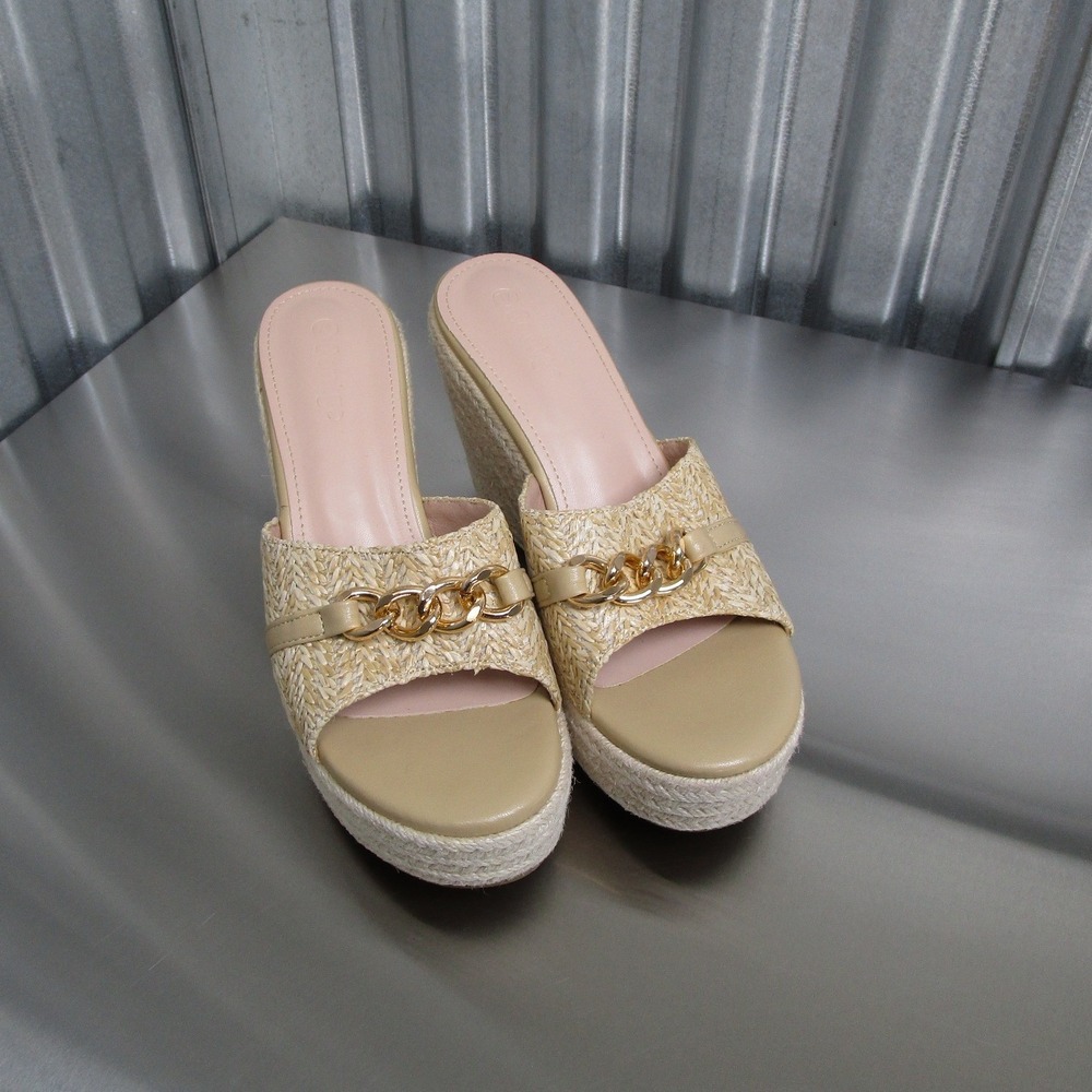 Coutgo Woven Straw Espadrille Wedge Sandals Gold Accent Tan Platform Slides 7.5